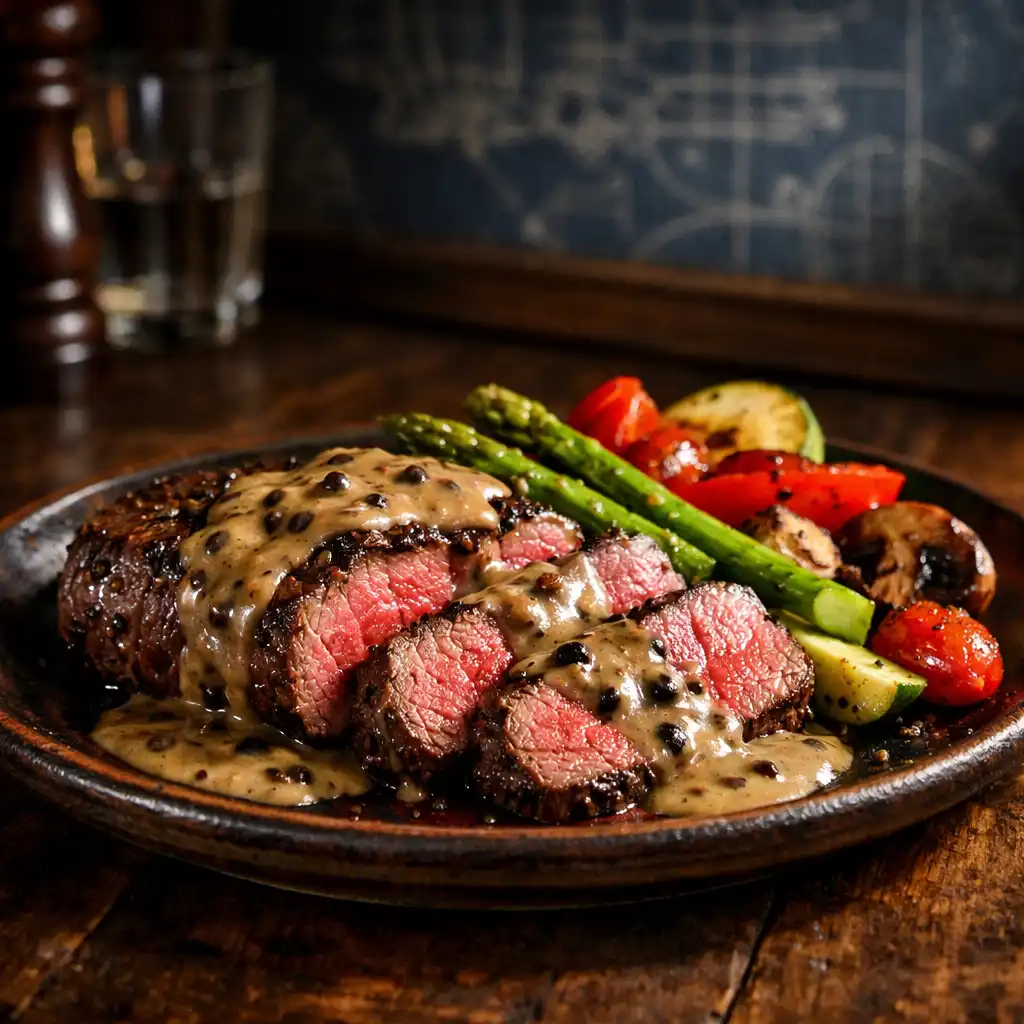 Hovězí steak z vyzrálé svíčkové s pepřovou omáčkou a grilovanou zeleninou