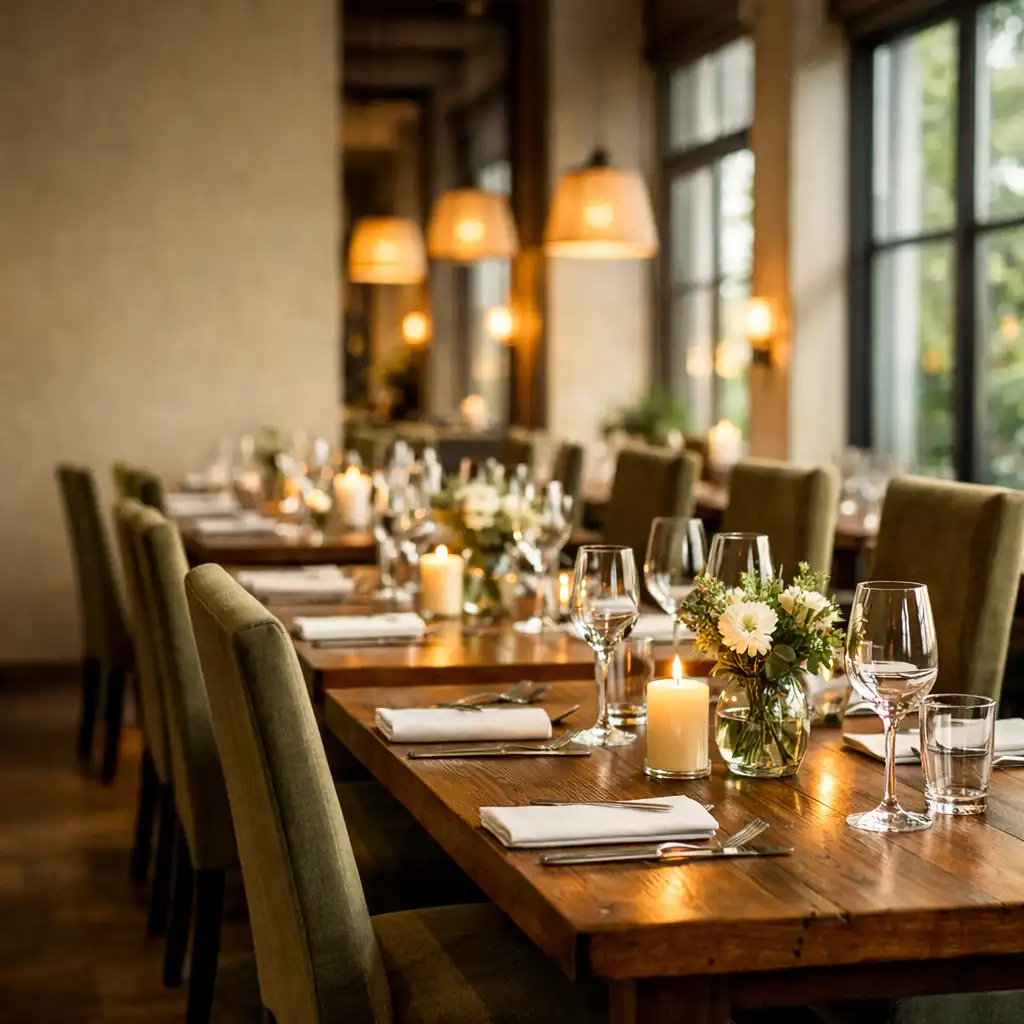Hlavní jídelna restaurace Talíř a Gourmet s prostřenými stoly a velkými okny