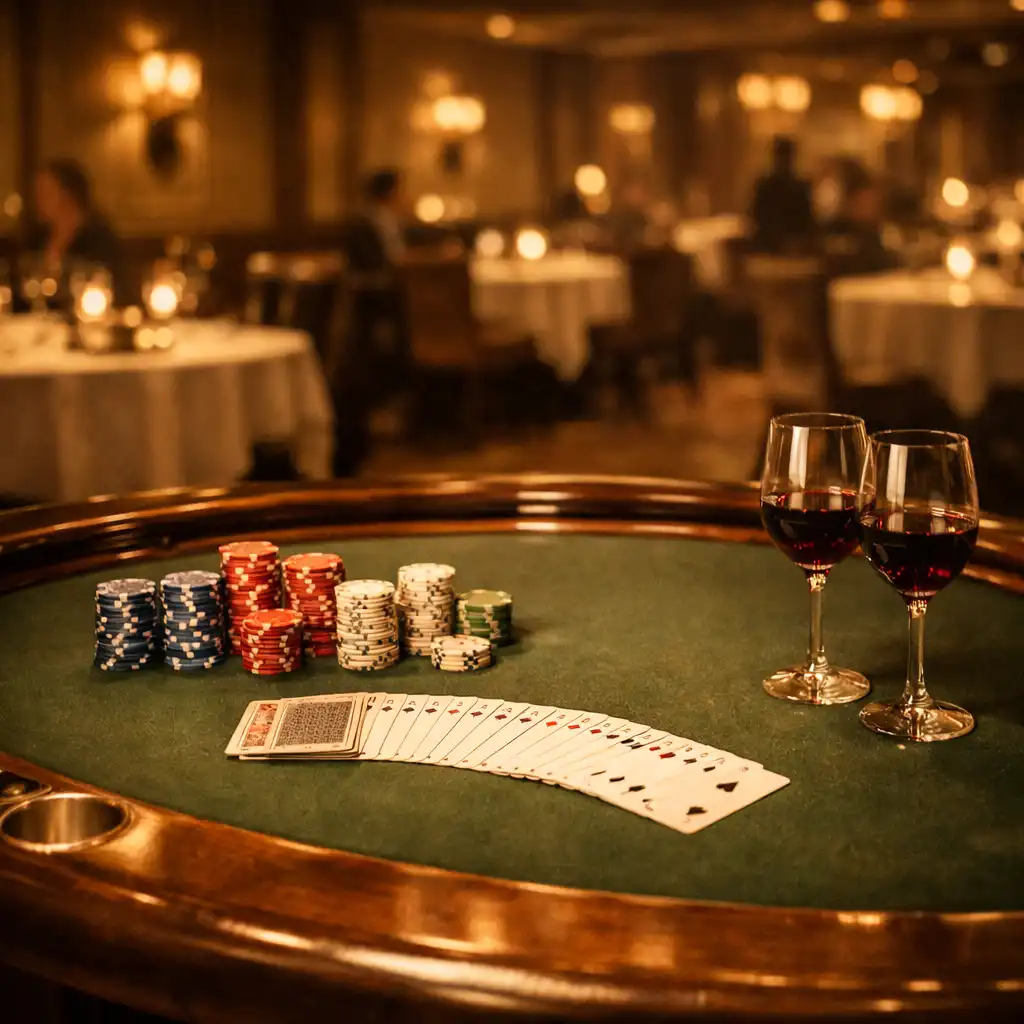 Luxusní pokerový stůl s žetony a sklenkami vína v elegantní restauraci