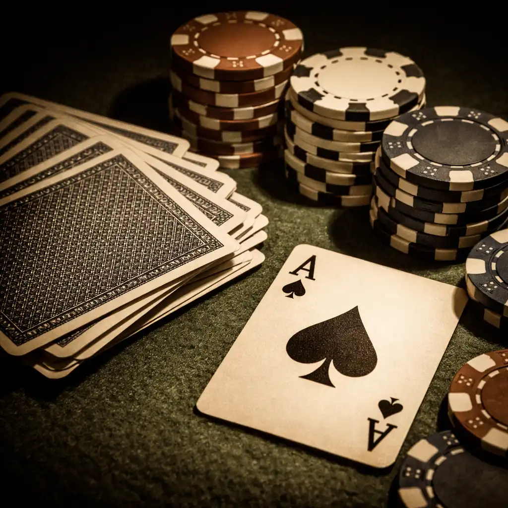 Detail pokerových karet a žetonů na zeleném plátně