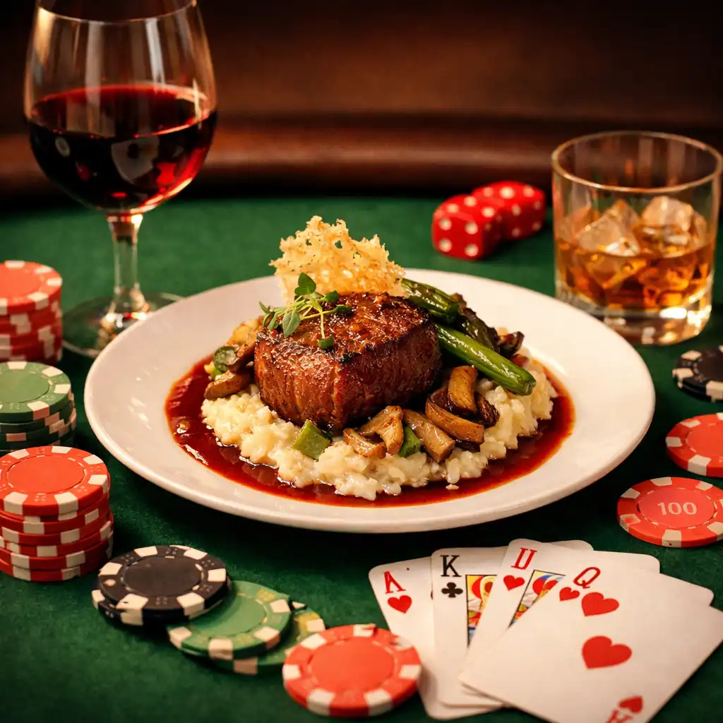 Gurmánský pokrm, sklenice vína a pokerové karty na stole