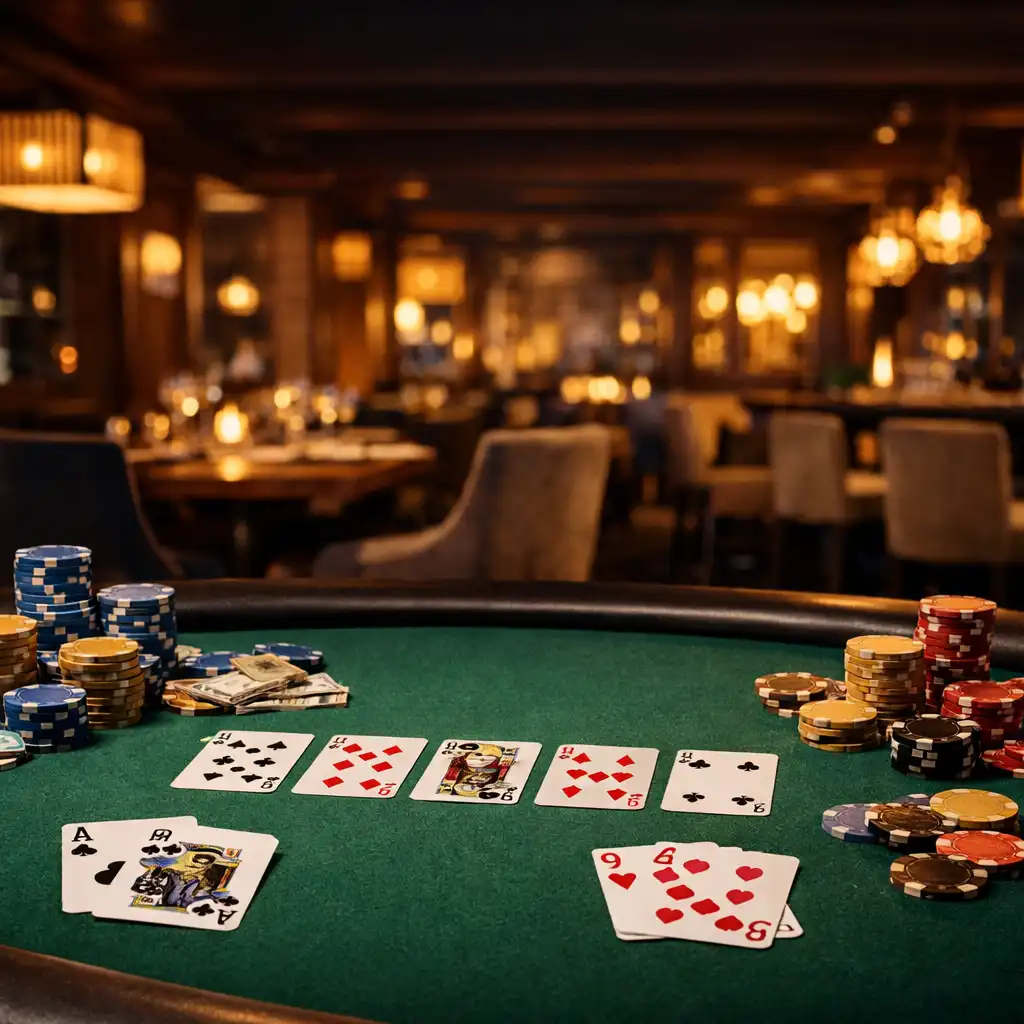 Pokerový stůl s kartami a žetony v elegantním interiéru restaurace Talíř a Gourmet