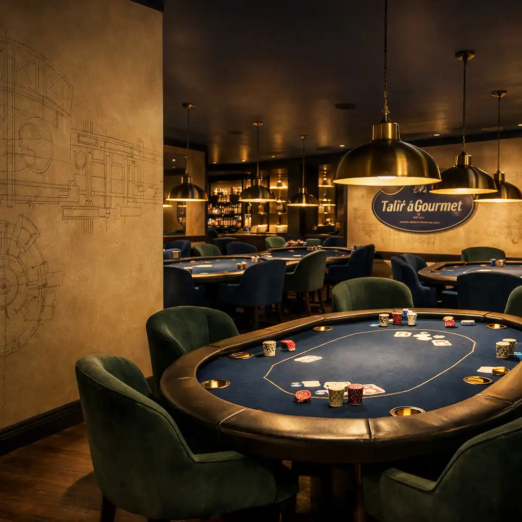 Interiér Poker Room s oválným stolem, koženými židlemi a barovým pultem