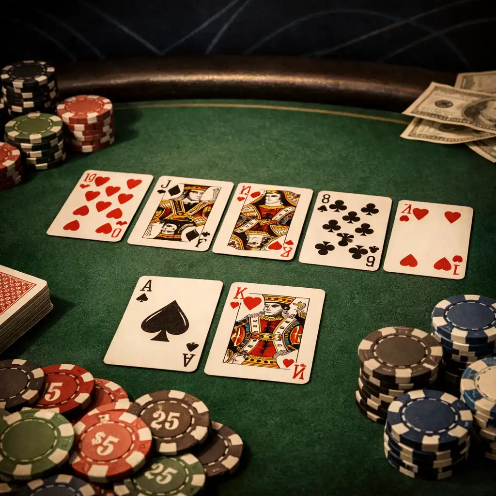 Pokerový stůl s rozloženými kartami a žetony