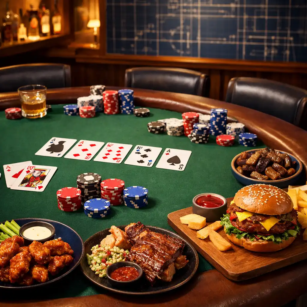 Pokerový stůl s kartami, žetony a servírovaným jídlem v Poker Room