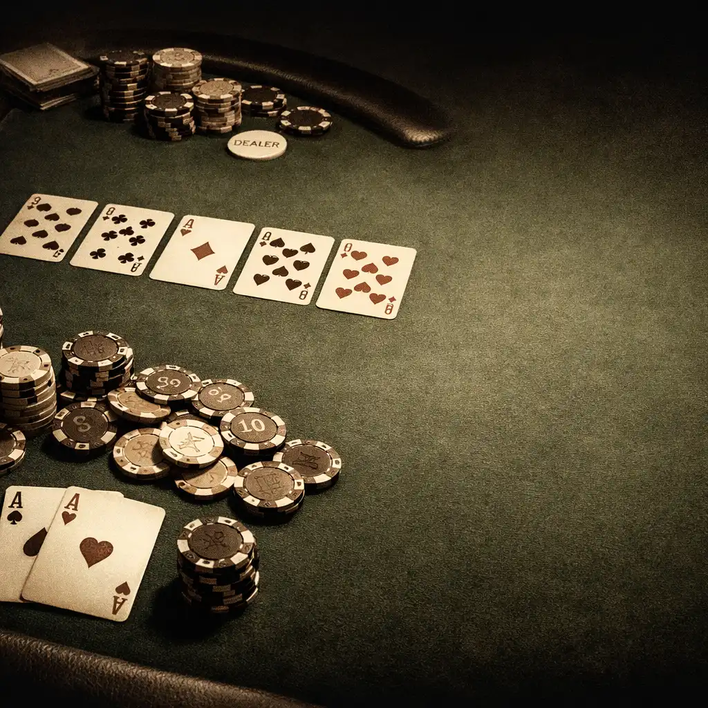Pokerový stůl s rozloženými kartami a žetony v Poker Room restaurace Talíř a Gourmet