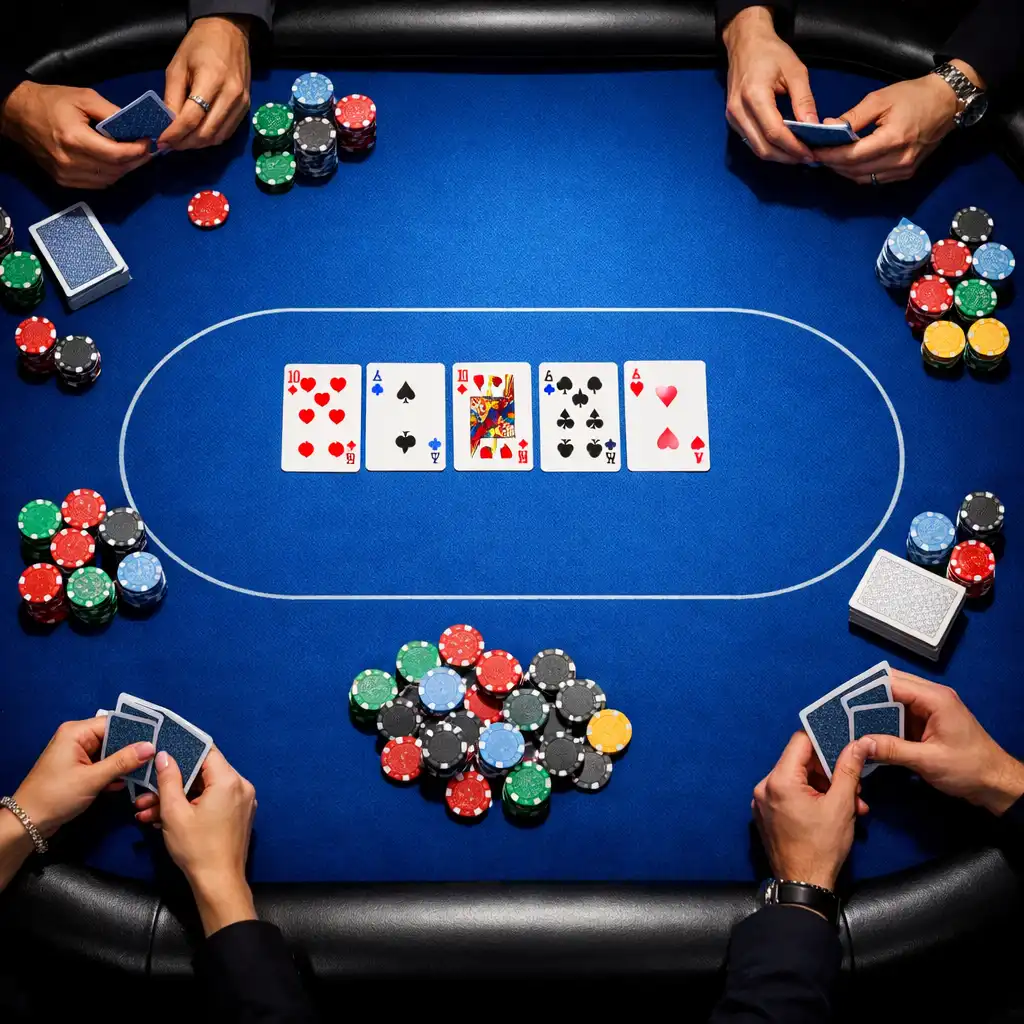Pohled shora na profesionální pokerový stůl s modrým plátnem, rozdanými kartami a barevnými žetony