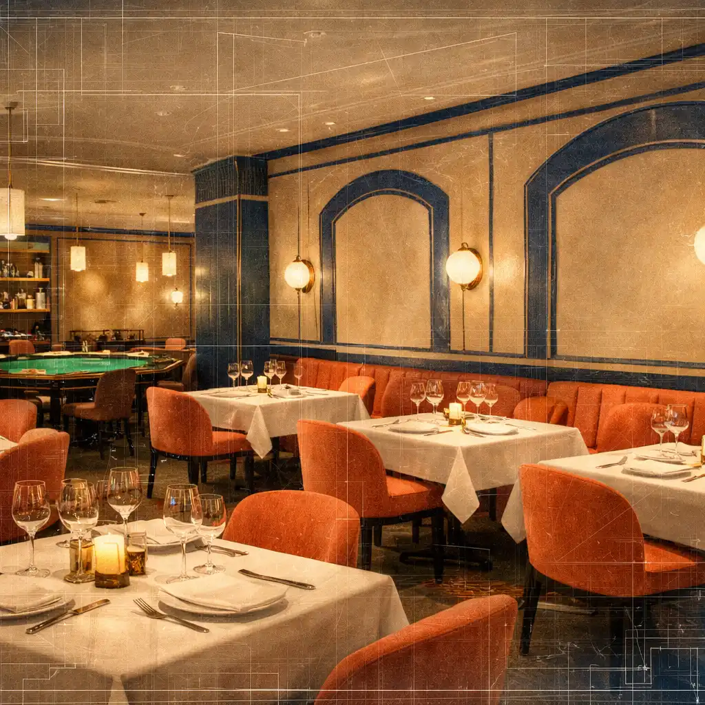 Interiér restaurace Talíř a Gourmet s elegantními stoly a náznakem pokerového stolu v pozadí