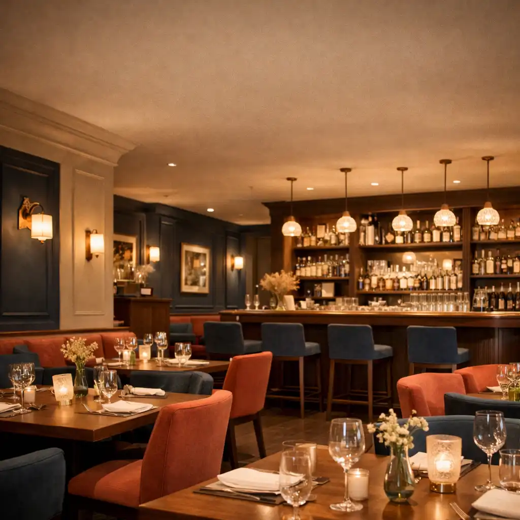 Elegantní interiér restaurace Talíř a Gourmet s dřevěnými stoly a teplým osvětlením