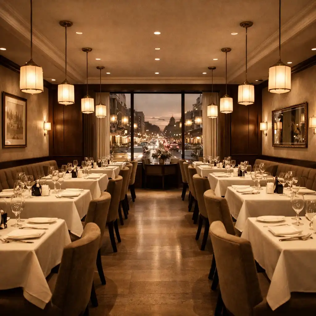 Elegantní interiér restaurace s prostřenými stoly a teplým osvětlením