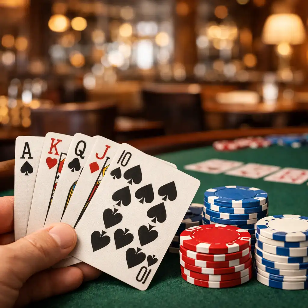 Detail pokerového stolu s kartami a keramickými žetony v elegantní restauraci Talíř a Gourmet